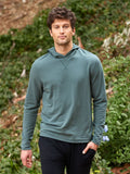 Men's Core Feather Fleece Hoodie in teal and muted green, minimalist solid design.