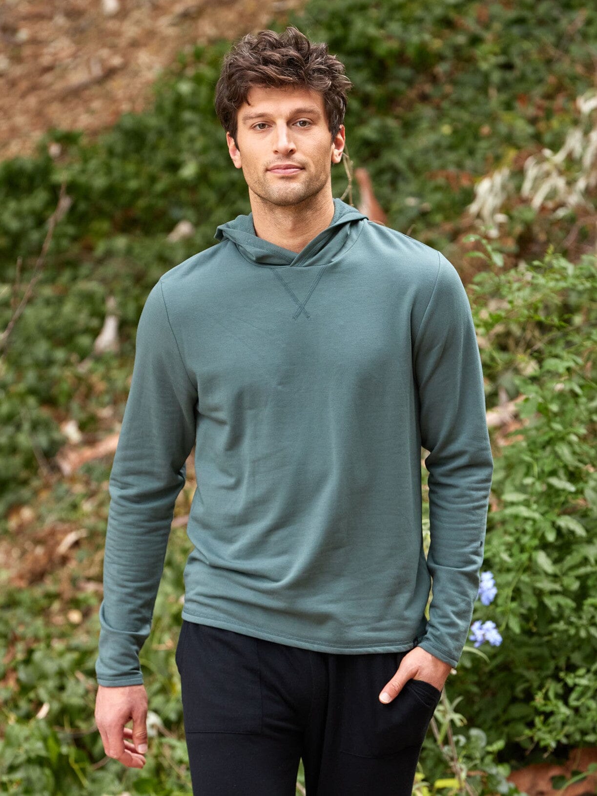 Men's Core Feather Fleece Hoodie in teal and muted green, minimalist solid design.