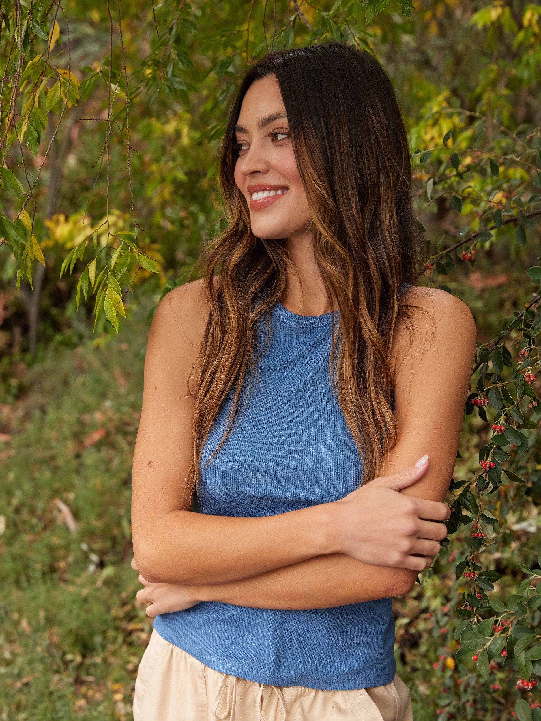 Core Feather Rib Tank Top in dusty cornflower blue with a crew neckline and fitted silhouette