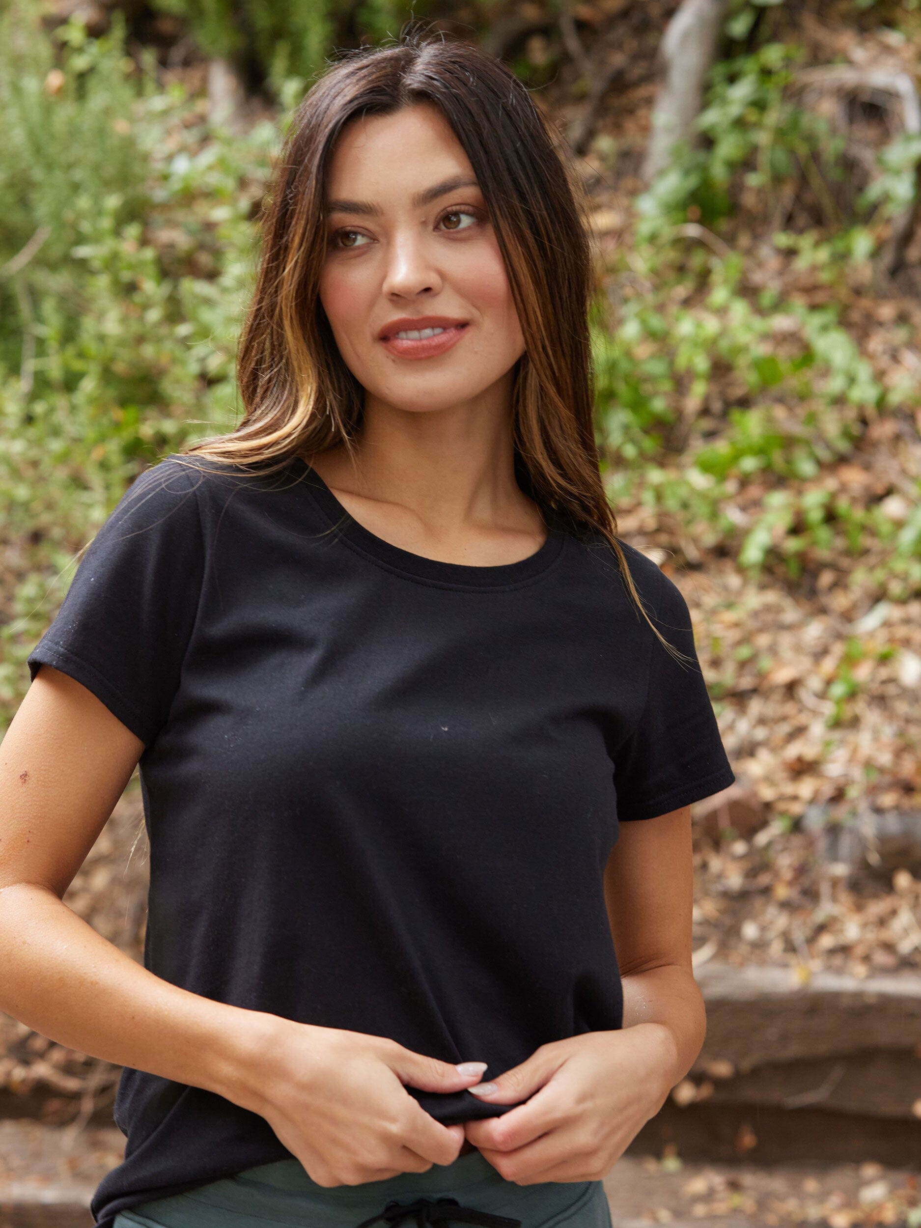 Close-up of the Odette Organic Cotton Crew Tee in black, showing the soft fabric texture.
