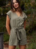 Finnsley Stretch Twill Romper with button front and tie waist in a sustainable cotton blend