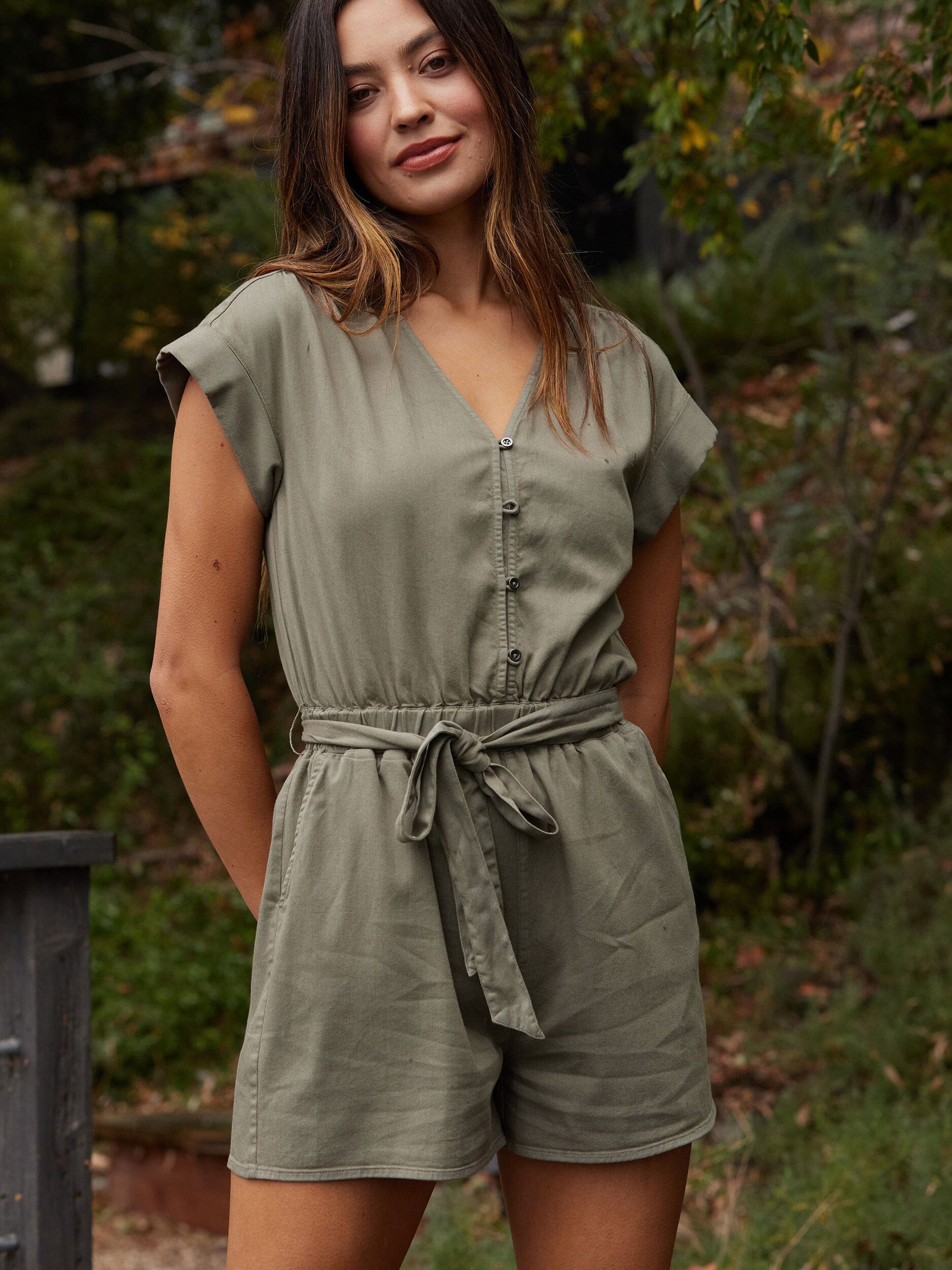 Finnsley Stretch Twill Romper with button front and tie waist in a sustainable cotton blend