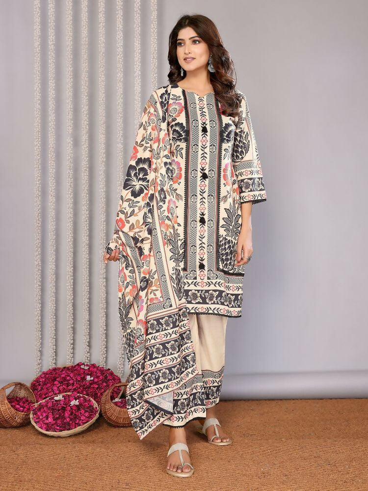 Cream Linen Printed Kurta Set with Notch Neck