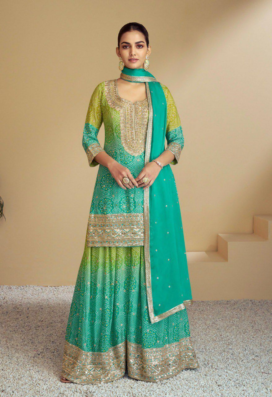 Green and Teal Chinon Salwar Kameez with decorative embroidery and sequin work