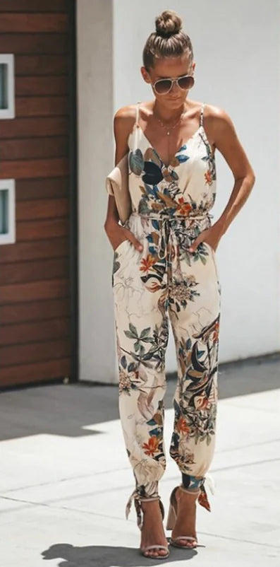Women's V-Neck Floral Print Jumpsuit with Tie-Back and Cuffed Hem - Image 7