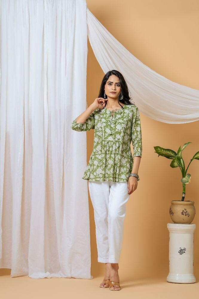 Model wearing a green floral hand block printed cotton co-ord set