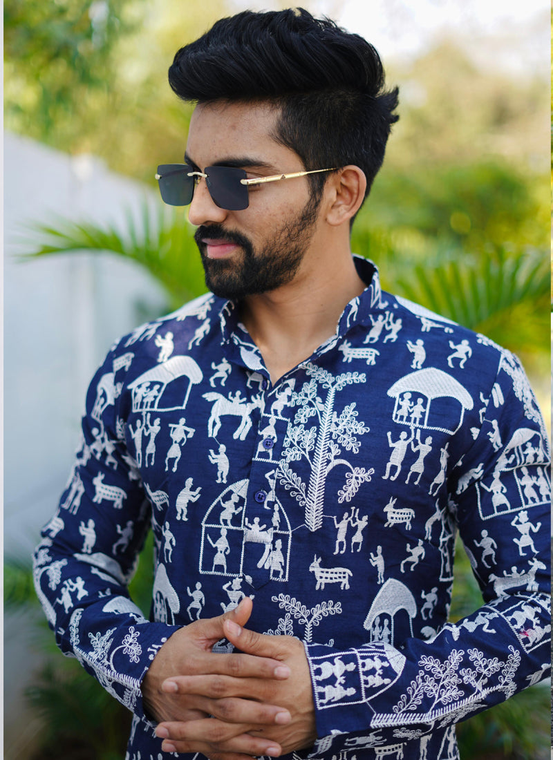 Boys Blue Lucknowi Silk Kurta Pajama Set for Festive Occasions