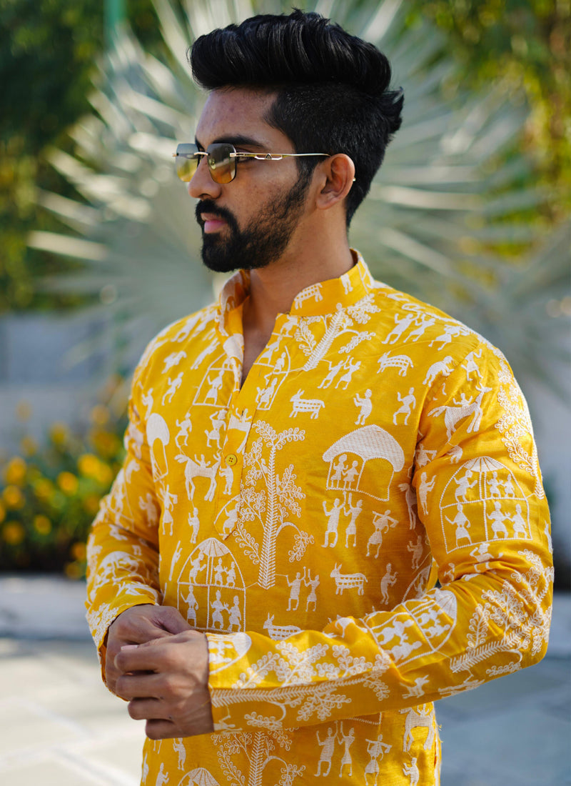 Boys Yellow Lucknowi Silk Kurta Pajama Set for Special Events