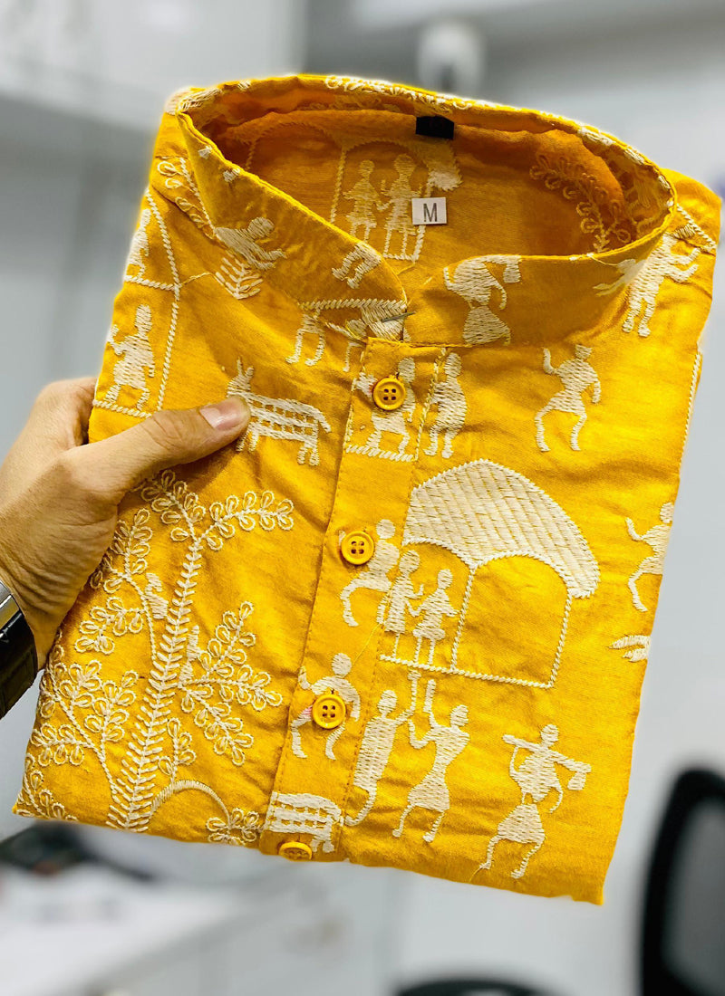 Boys Yellow Lucknowi Silk Kurta Pajama Set for Special Events
