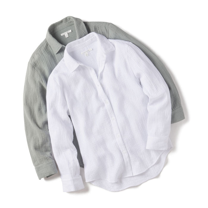 Dannie Gauze Button-Up Long Sleeve Shirt in White and Sage-Green