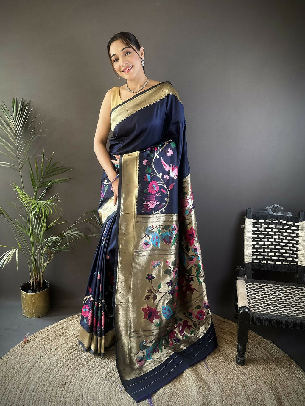 Navy blue Paithani saree with floral woven patterns in soft silk
