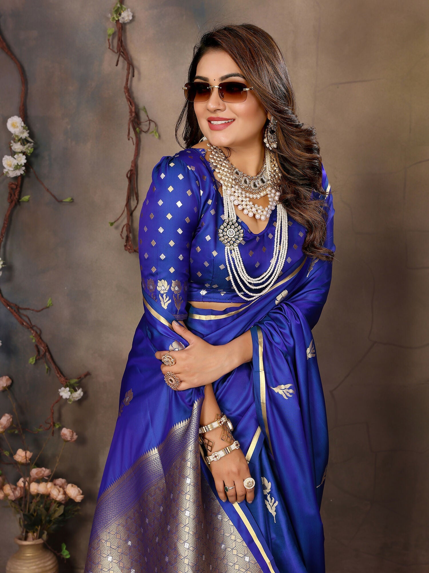 Royal Blue Floral & Botanical Satin Silk Banarasi Saree