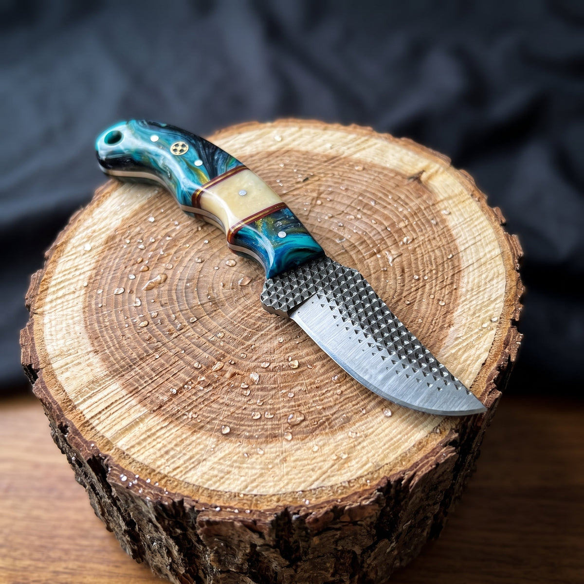 Titan "Lagoon Swirl" Resin Skinner | High Carbon RASP Steel Blade, Teal Resin Handle TIK-001