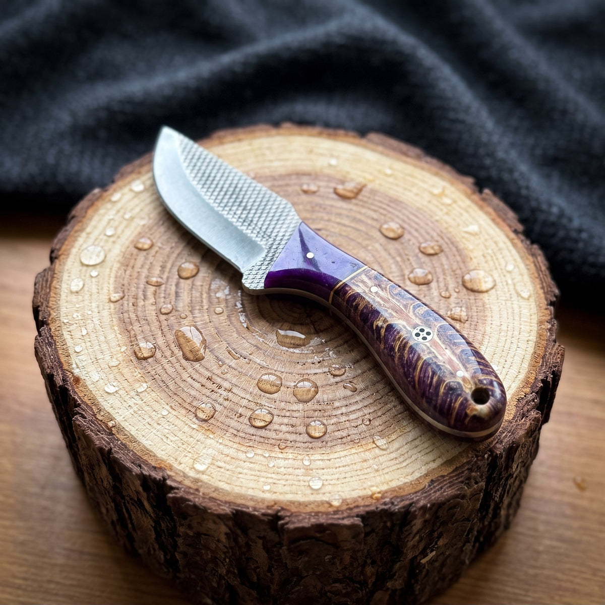 Titan "Violet Burl" Skinner | High Carbon RASP Steel Blade, Burl Wood Handle TIK-003