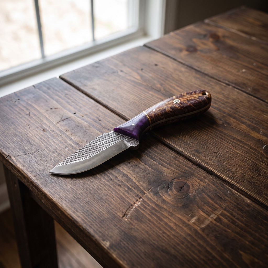 Titan "Violet Burl" Skinner | High Carbon RASP Steel Blade, Burl Wood Handle TIK-003