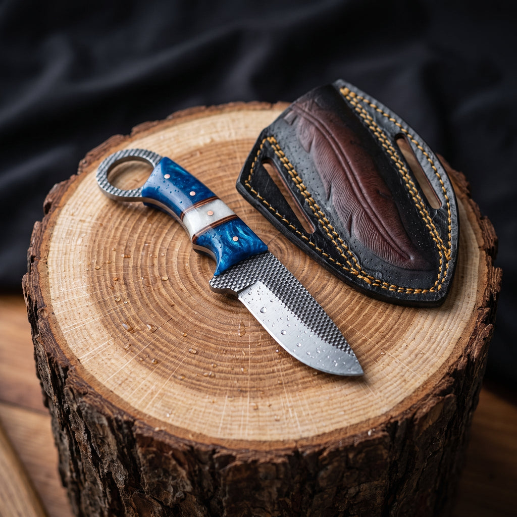 Titan "Sapphire Hook" Hawkbill Skinner | High Carbon RASP Steel Blade, Blue Pearl Handle TIK-006