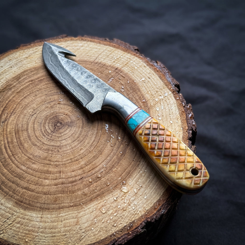 Titan "Amber Turquoise" Damascus Gut-Hook Skinner | Genuine Damascus Steel Blade, Turquoise Inlay TIK-009