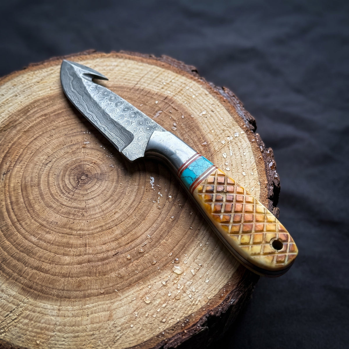 Titan "Amber Turquoise" Damascus Gut-Hook Skinner | Genuine Damascus Steel Blade, Turquoise Inlay TIK-009