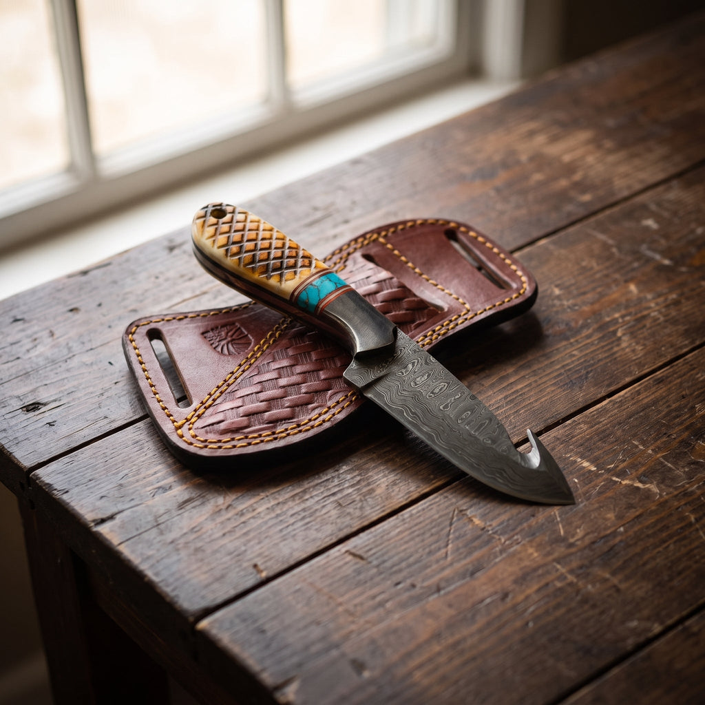 Titan "Amber Turquoise" Damascus Gut-Hook Skinner | Genuine Damascus Steel Blade, Turquoise Inlay TIK-009