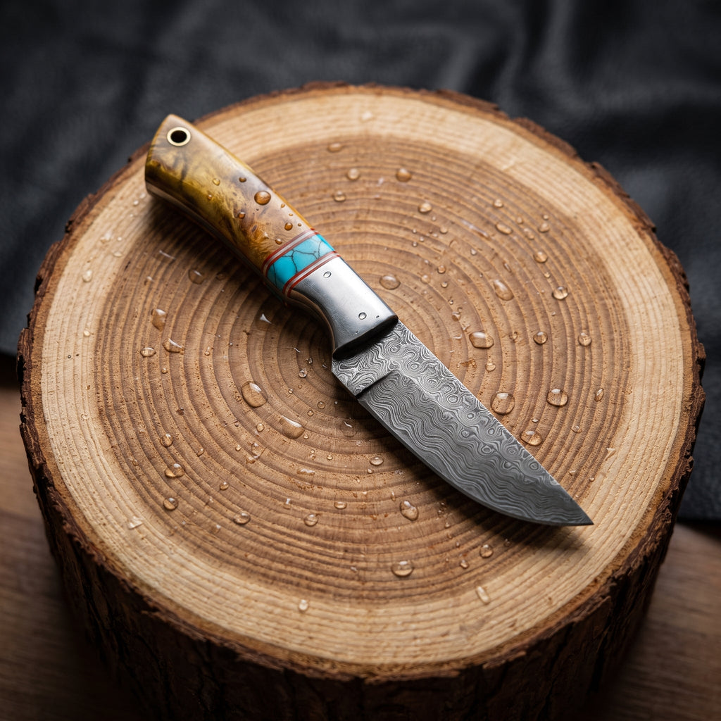 Titan "Amber Mesa" Damascus Skinner | Genuine Damascus Steel Blade, Turquoise Inlay TIK-017