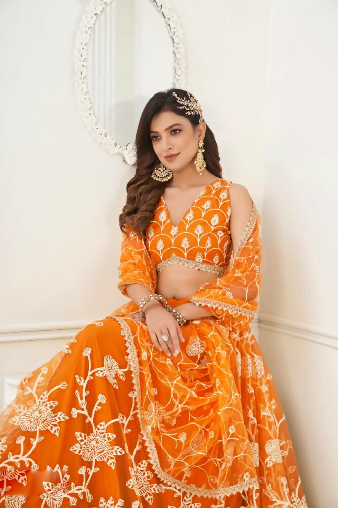 Orange Butterfly Net Lehenga with White Cotton Thread and Sequence Work