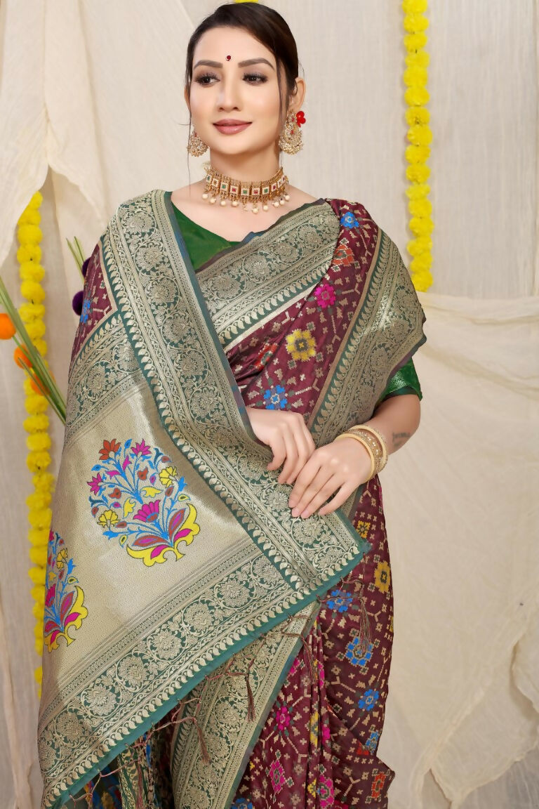 Wine Patola Silk Saree with Rich Zari Woven Patterns