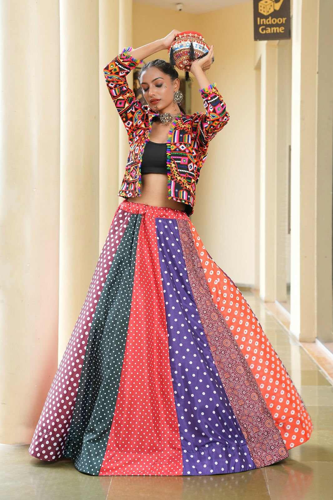 Multi Silk Crepe Lehenga Choli Set for Navratri Bohemian Fusion