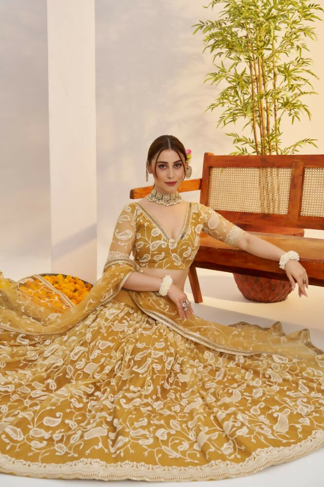 Light Golden Butterfly Net Wedding Lehenga with Cotton Thread Work