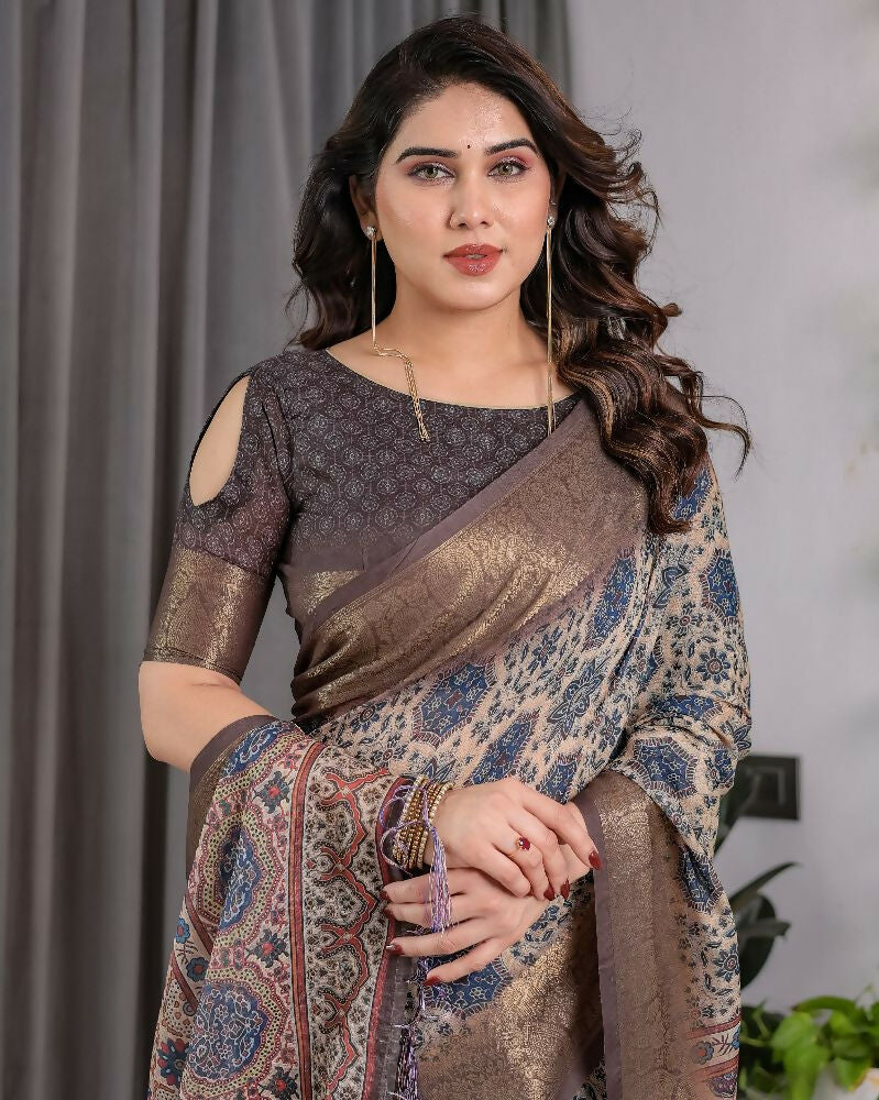 Grey Pure Handloom Linen Saree with Matching Blouse
