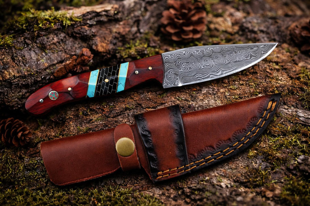 Damascus Steel Drop Point Utility Knife with Rosewood and Turquoise Handle