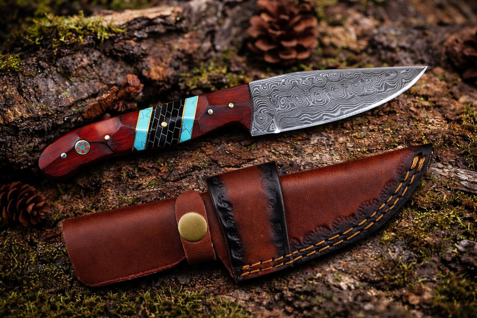 Damascus Steel Drop Point Utility Knife with Rosewood and Turquoise Handle