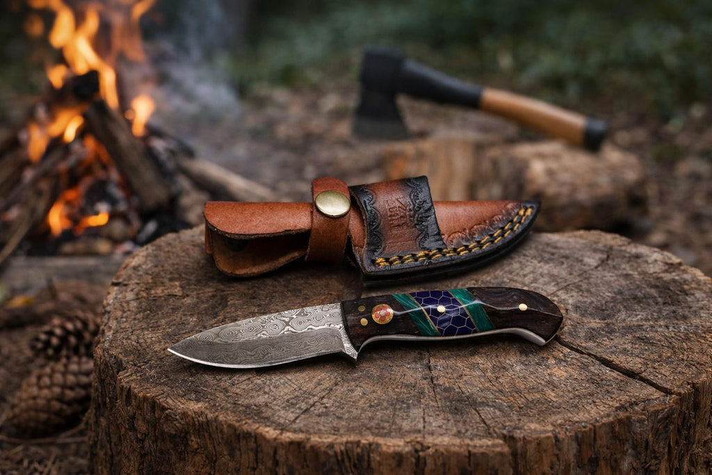Damascus Steel Drop Point Utility Knife with Dark Wood and Green Resin Handle