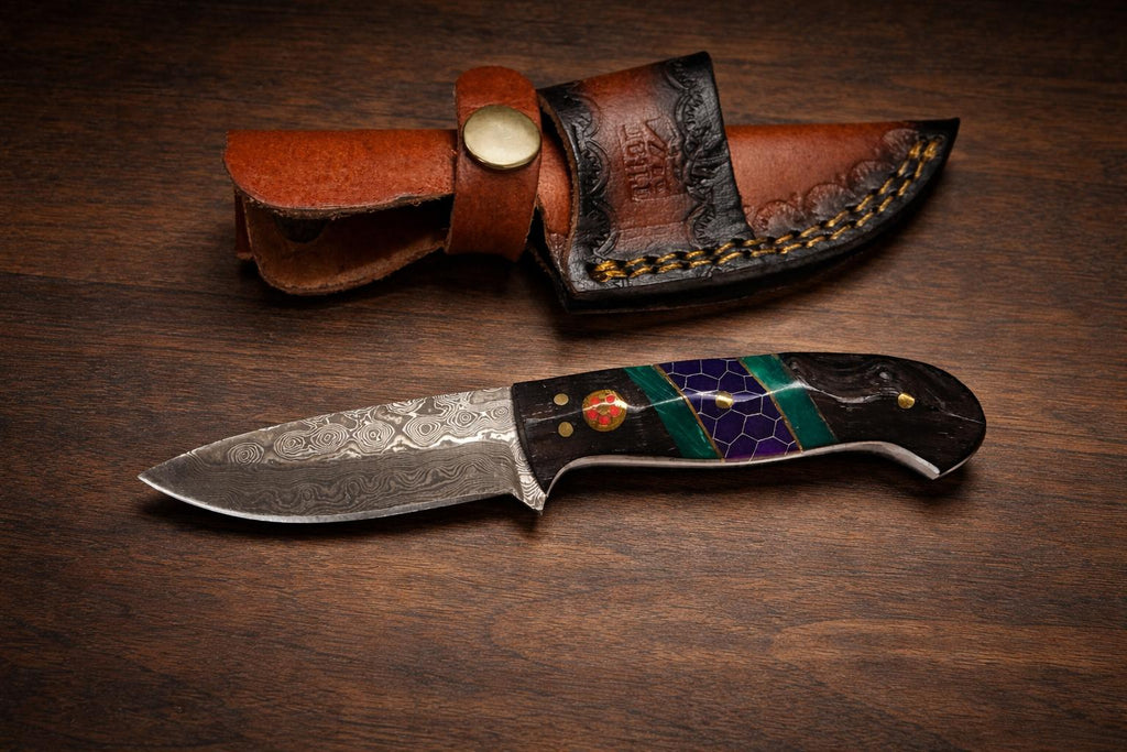 Damascus Steel Drop Point Utility Knife with Dark Wood and Green Resin Handle