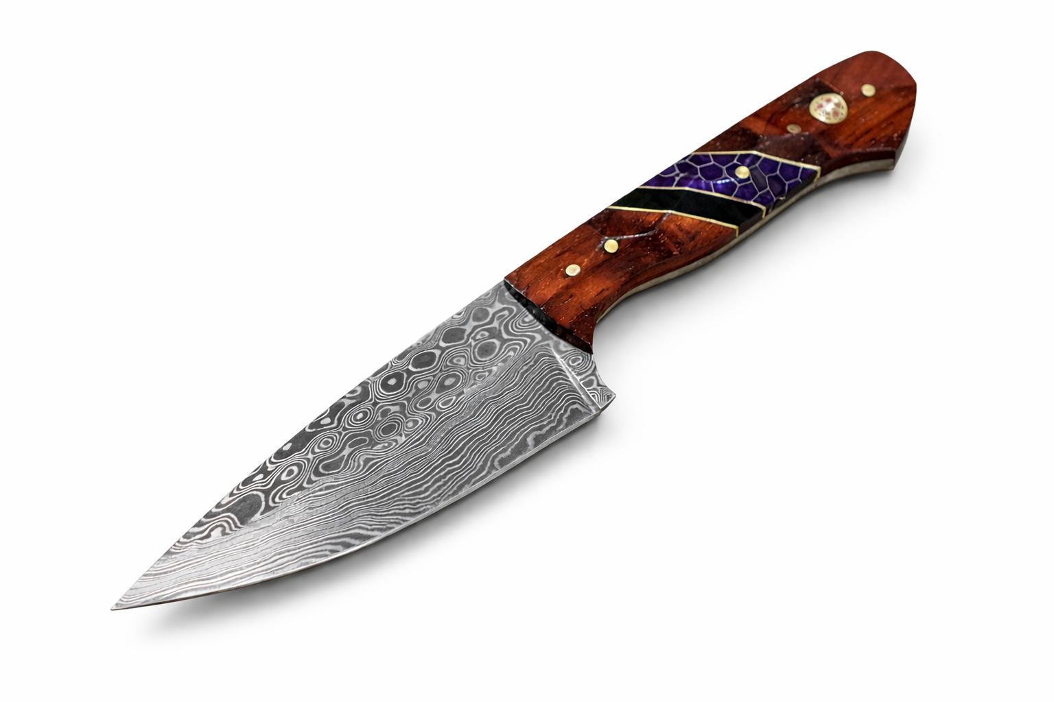 Hand-forged Damascus steel drop point outdoor tool with purple and black honeycomb rosewood handle
