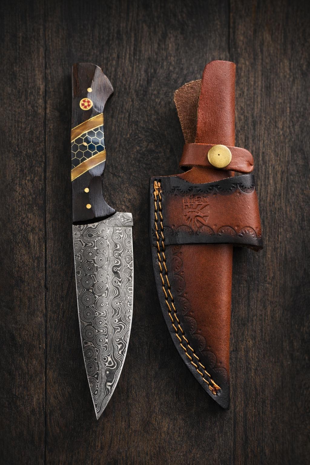 Hand-forged Damascus steel drop point knife with black honeycomb resin handle in a leather sheath