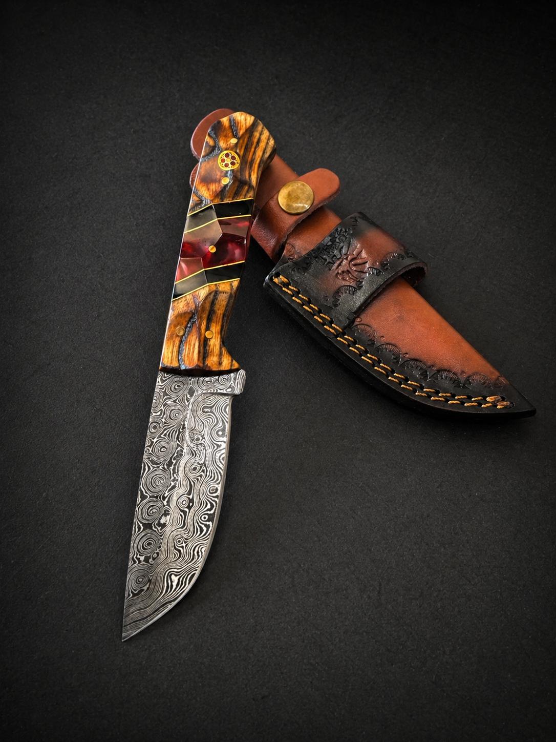 Hand-Forged Damascus Drop Point Knife with Bocote Wood Handle
