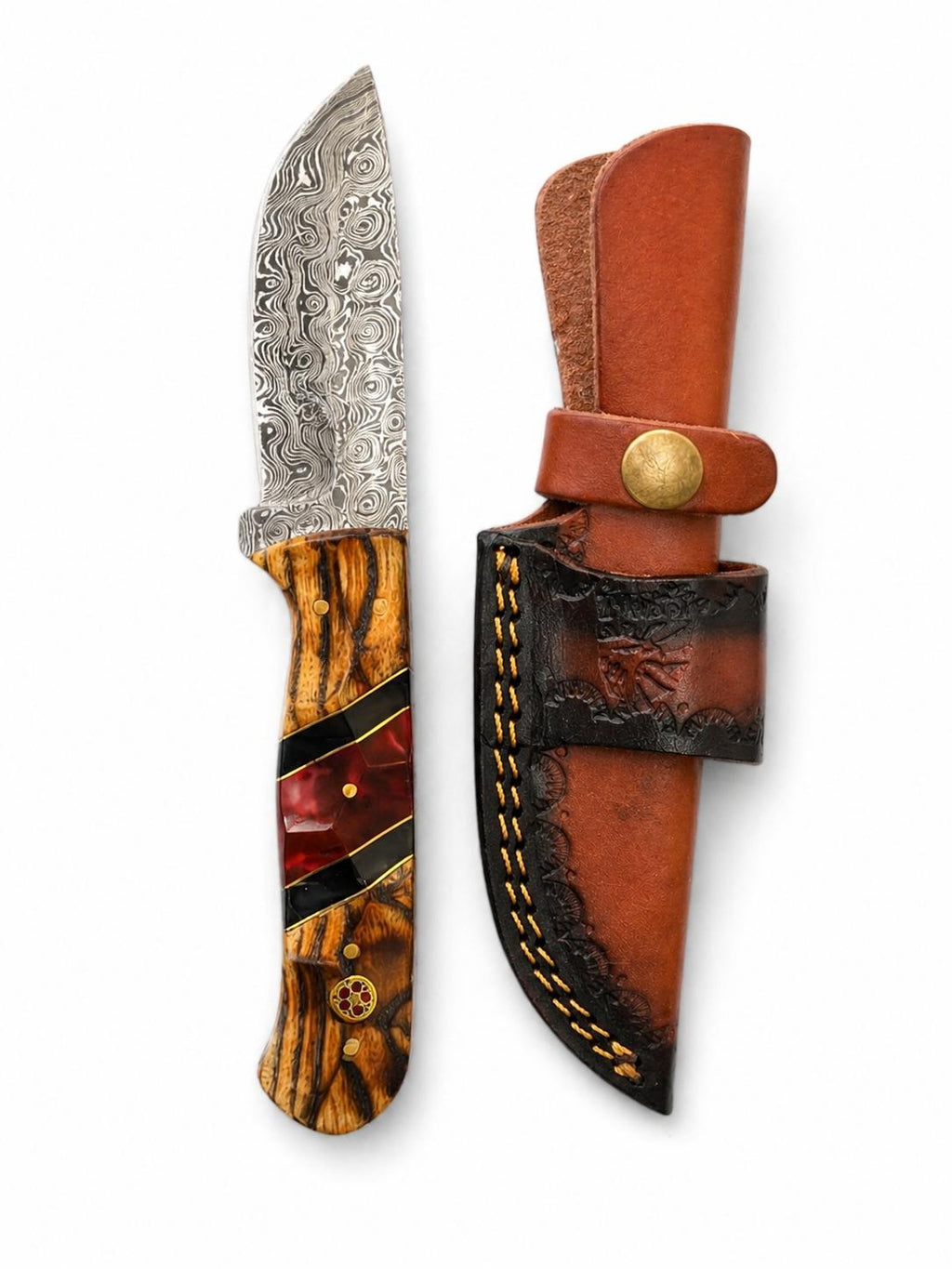 Hand-forged Damascus fixed blade knife with a Bocote wood and ruby red resin handle