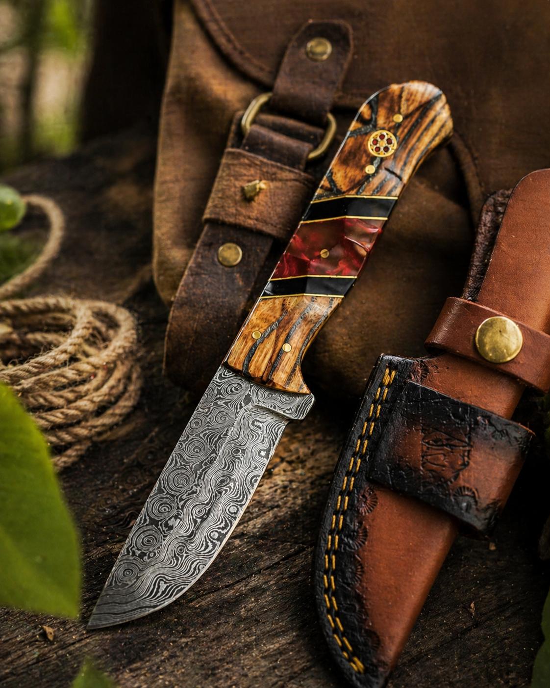 Hand-Forged Damascus Drop Point Knife with Bocote Wood Handle