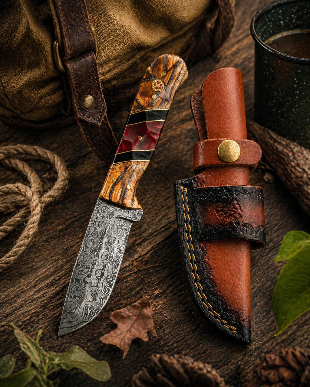 Hand-Forged Damascus Drop Point Knife with Bocote Wood Handle
