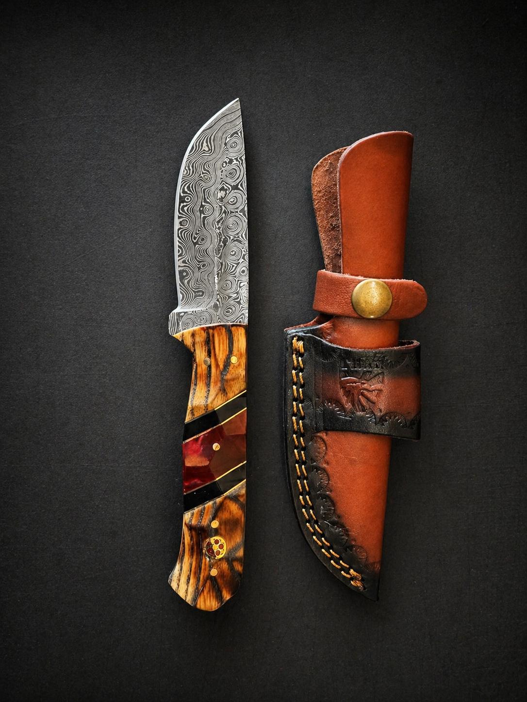 Hand-Forged Damascus Drop Point Knife with Bocote Wood Handle
