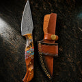 Titan Painted Mesa Damascus hunting knife featuring a Cocobolo Rosewood and Turquoise mosaic handle