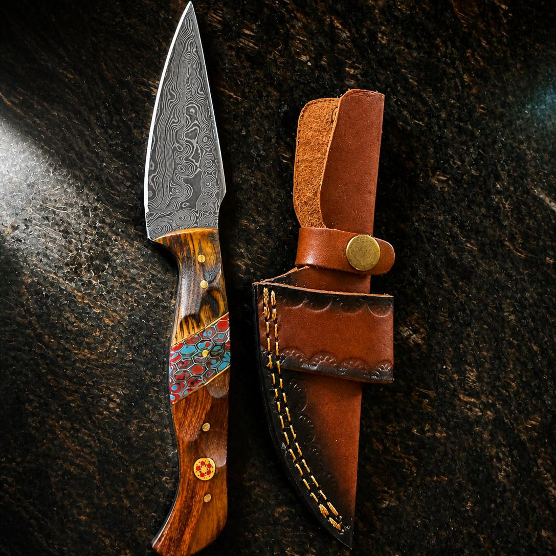 Titan Painted Mesa Damascus hunting knife featuring a Cocobolo Rosewood and Turquoise mosaic handle