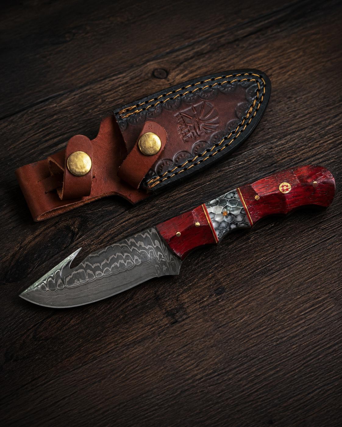 Damascus Steel Hunting Knife with Padauk Wood & Resin Handle