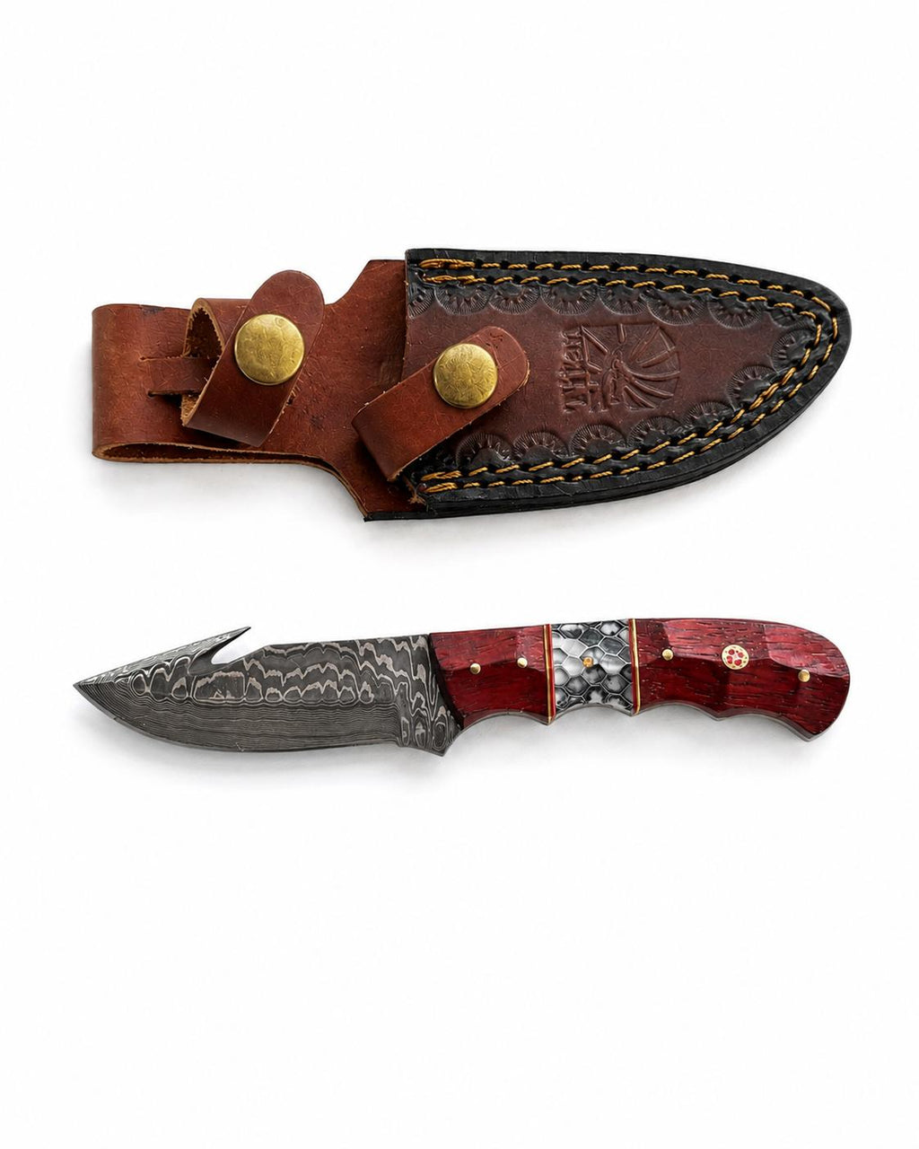 Damascus Steel Hunting Knife with Padauk Wood & Resin Handle