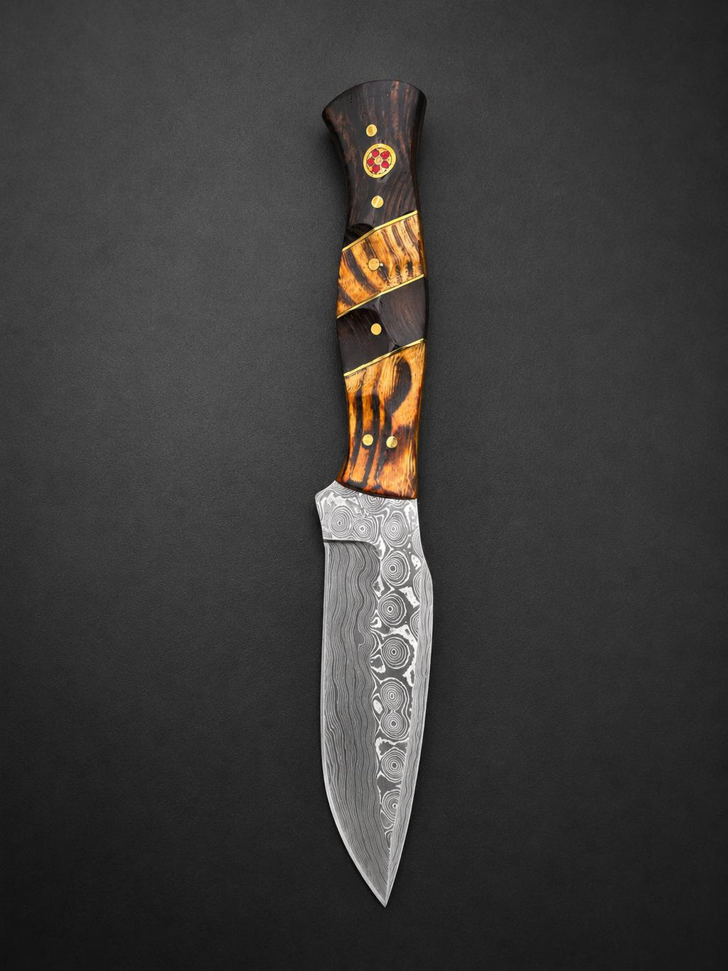 Damascus Hunting Knife with Wenge and Tigerwood Segmented Handle