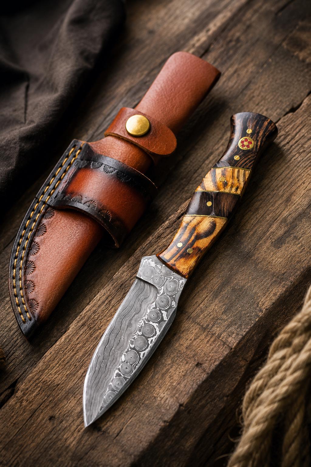 Damascus Hunting Knife with Wenge and Tigerwood Segmented Handle