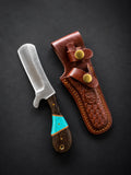 Titan Malachite Range Bull Cowboy Cutter with sheepfoot high carbon steel blade and Wenge/Malachite handle in leather sheath