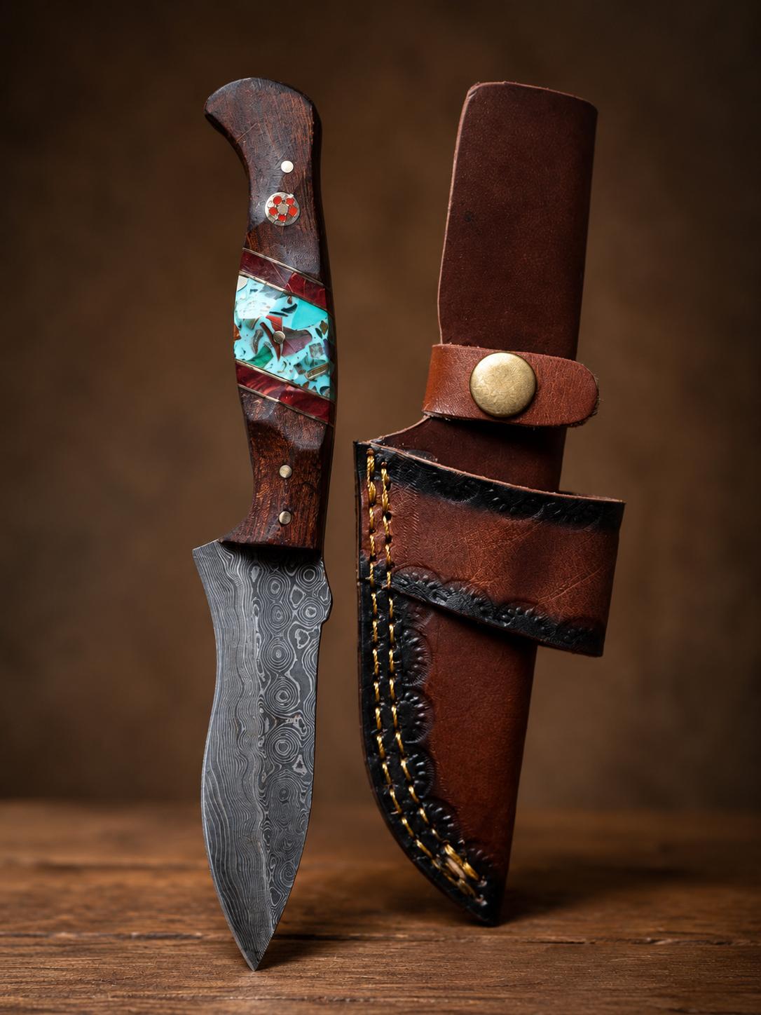 Damascus steel drop point hunting knife with turquoise resin and dark wood handle with leather sheath