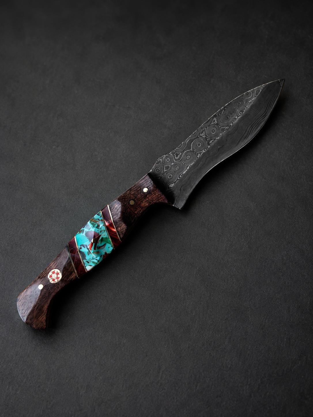 Damascus Steel Drop Point Hunting Knife with Turquoise Resin Handle