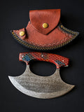 Titan Ruby Hive Damascus Ulu Knife with ruby and cobalt honeycomb resin handle and custom leather sheath